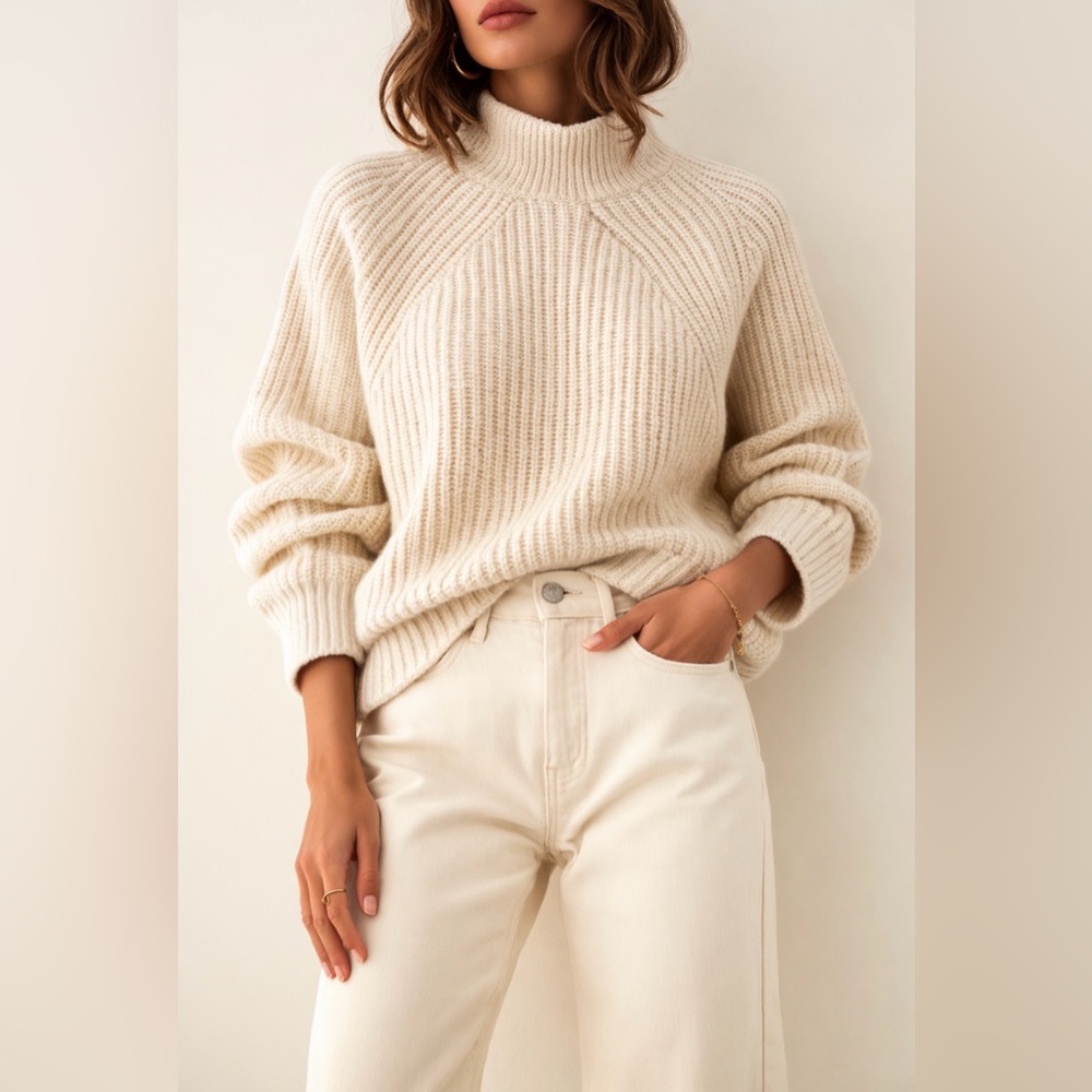 J. Crew 100% Cotton knit roll funnel neck  Cream sweater M capsule wardrobe